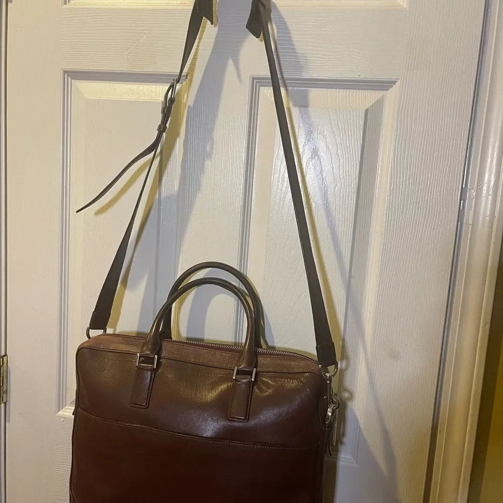 Cole Haan leather deep Brown Hamilton laptop bag with silver tone hardwares